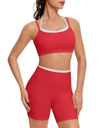 OMKAGI Workout Sets for Women Cute Doubel Layer Open Back Sports Bras Gym Shorts Outfits(S,531-Red) | Amazon (US)