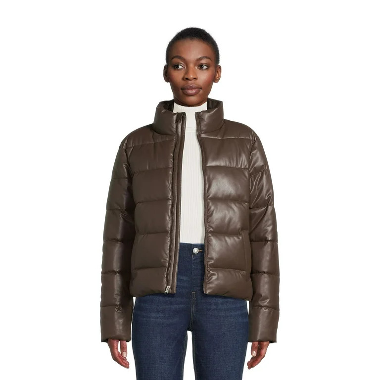 Time and Tru Women's Short Faux Leather Puffer Jacket - Walmart.com | Walmart (US)