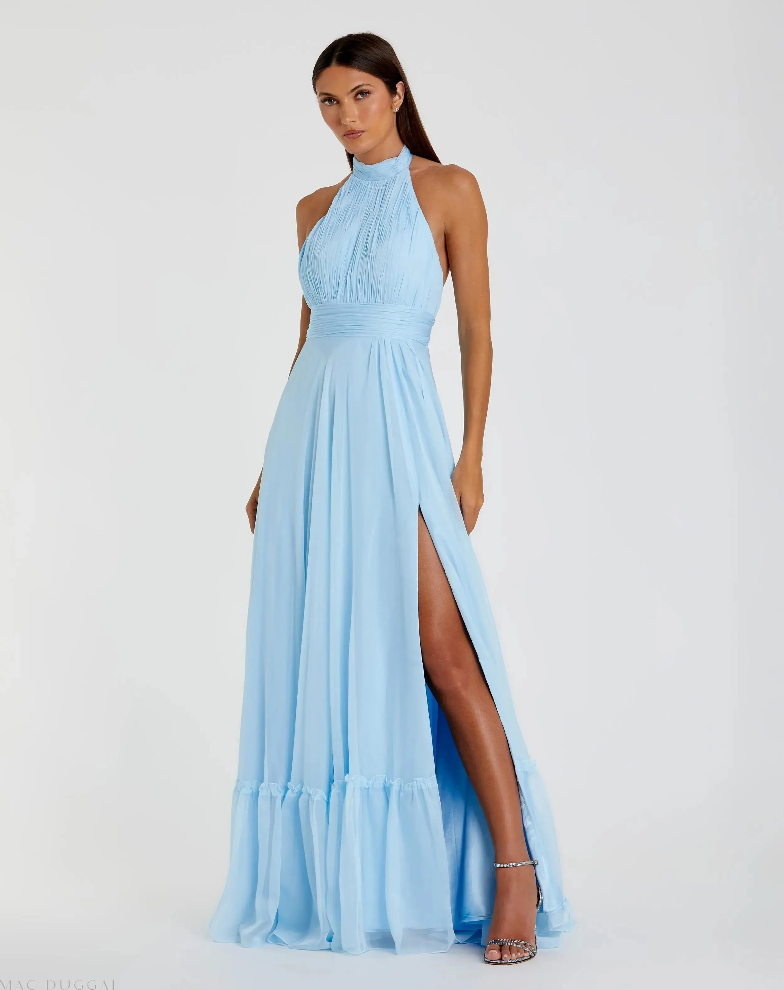Mac Duggal - Blue High Neck Tiered Chiffon Halter Gown - US 0 | Mac Duggal