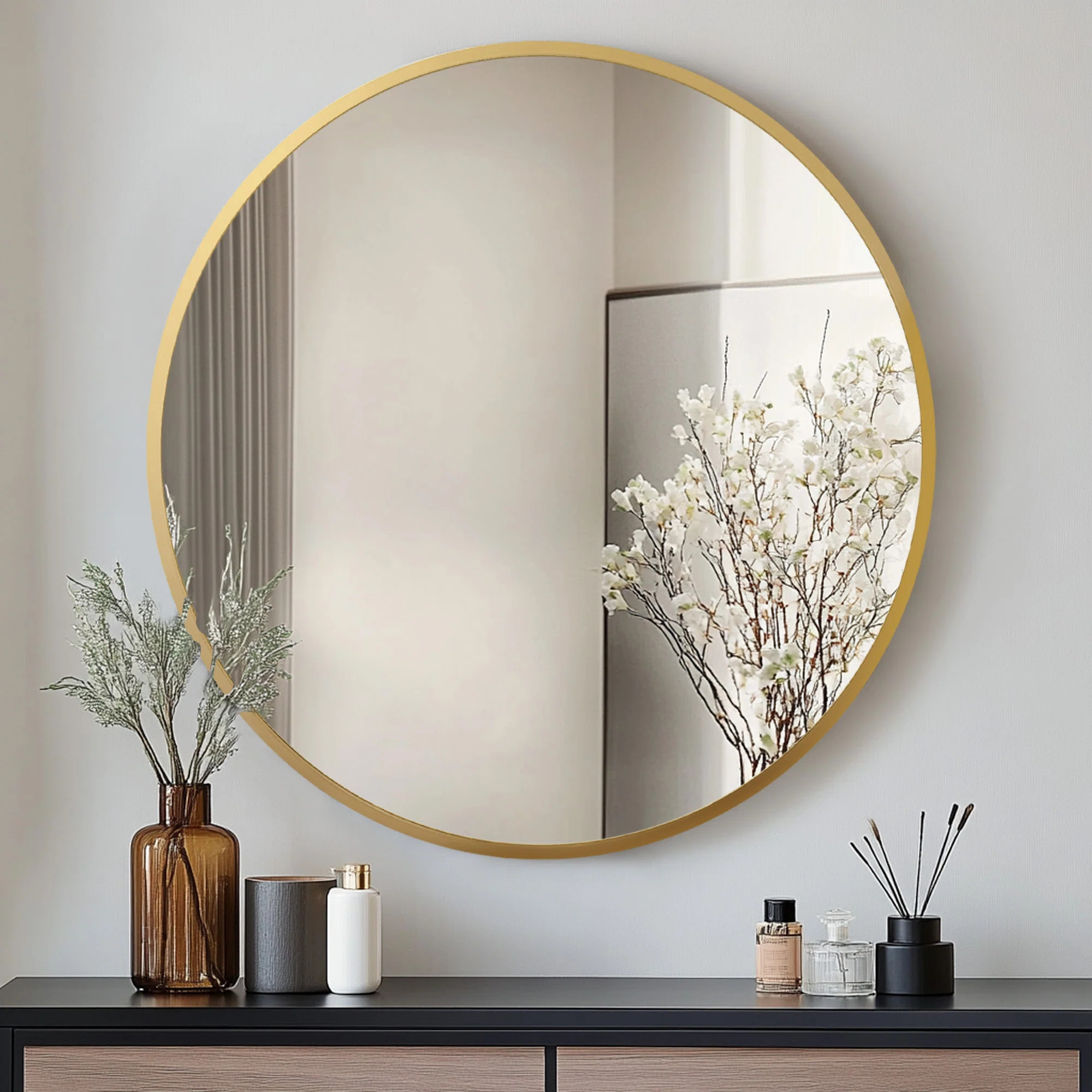 Ebern Designs Wall Mounted Round Mirror With Aluminum Alloy Frame, Tempered Glass Round Mirror & ... | Wayfair North America