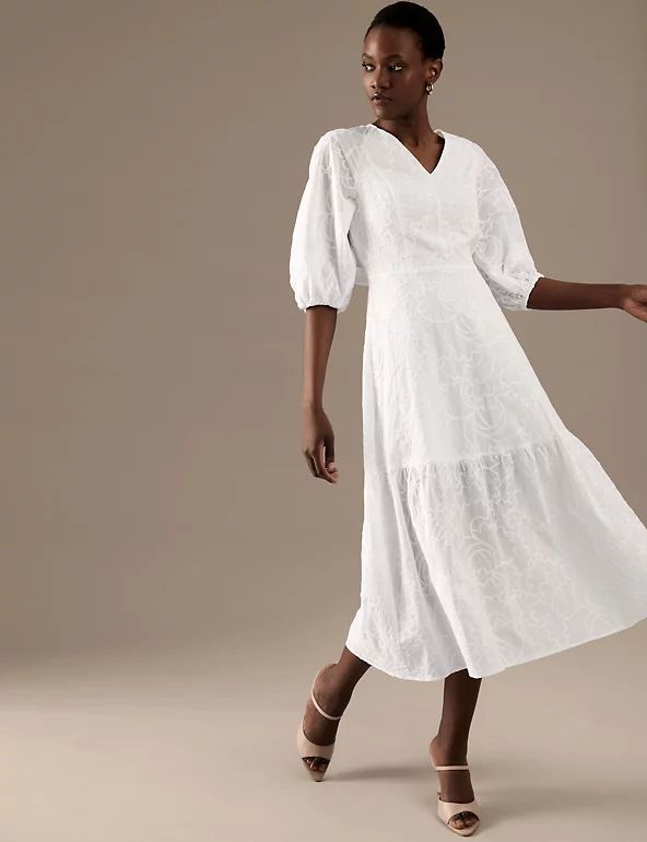 Pure Cotton Embroidered V-Neck Midaxi Dress | Autograph | M&S | Marks & Spencer (UK)