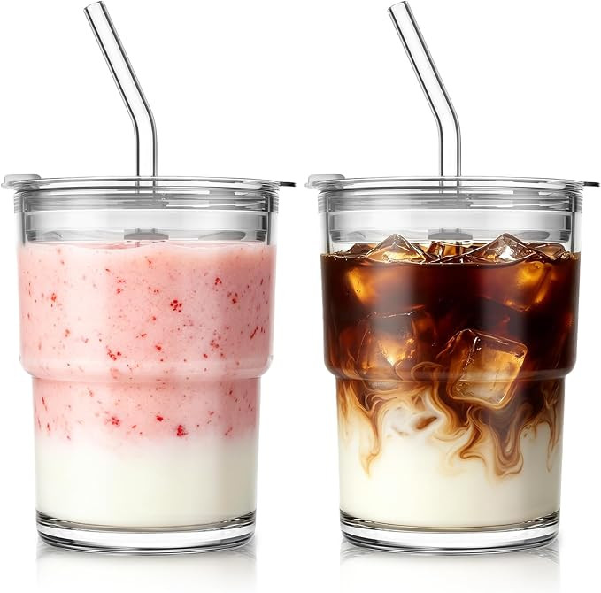 SoulTimes 13oz Clear Glass Tumbler with Lid and Straw – Iced Coffee Glasses Cups for Smoothie, ... | Amazon (US)