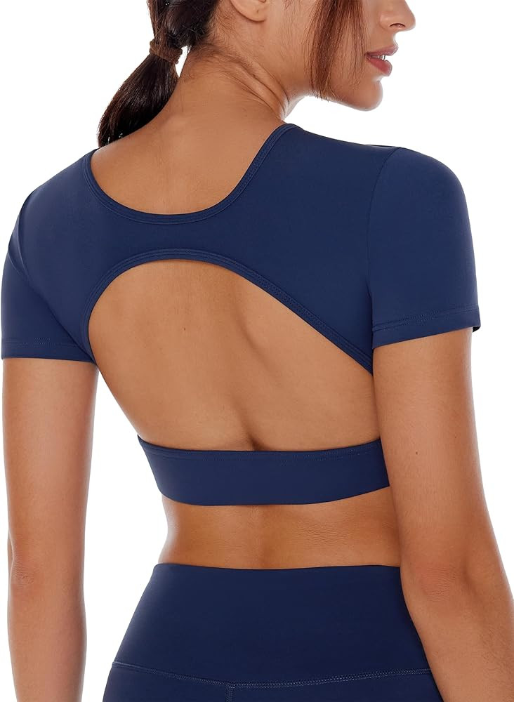 Open Back Workout Crop Tops for Women Backless Yoga Shirts Gym Short Sleeve Mild Support Compress... | Amazon (US)