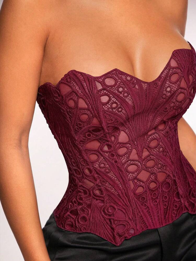 Radiana Women's Sexy Sleeveless Burgundy Lace Up Top With Strapless Neckline And Semi-Sheer Fabri... | SHEIN