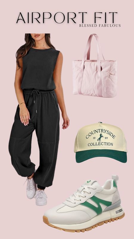 Comfy and cute outfit for travel - airport look - trucker hat, travel tote bag, trendy green shoes, free people dupe inspired Amazon jumpsuit 

#LTKtravel #LTKfindsunder50 #LTKshoecrush