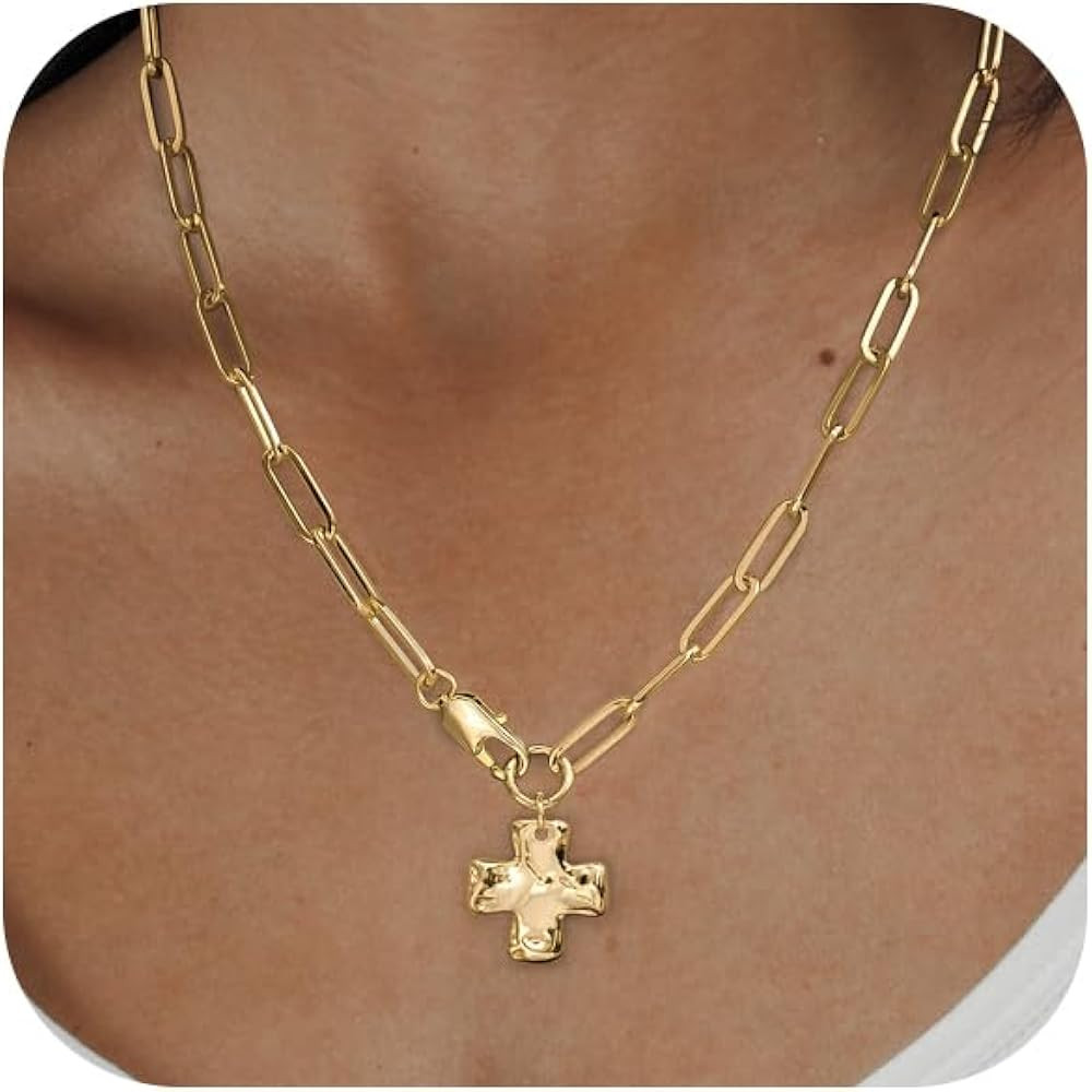 Chunky Cross Necklace for Women Trendy 14K Gold Silver Plated Statement Big Cross Pendant Papercl... | Amazon (US)