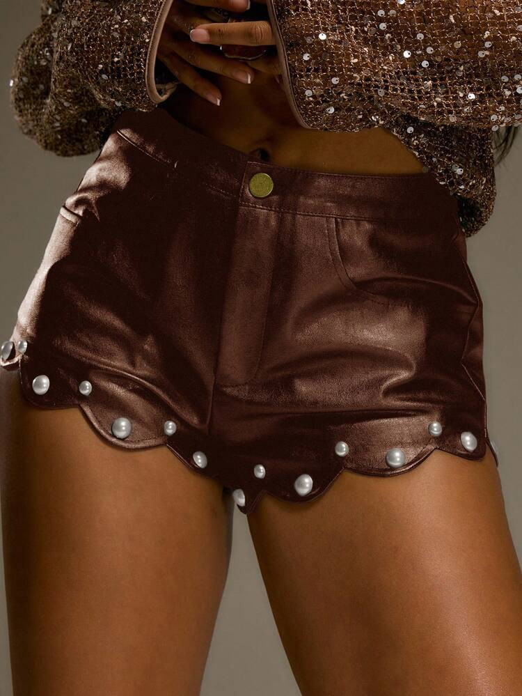 MUSERA Scalloped Beaded Faux Leather Mini Shorts Hotpants Western Country Fall Autumn Streetwear Festival Elegant Y2k Sexy Cute 90'S Midwest Winter Party Christmas | SHEIN
