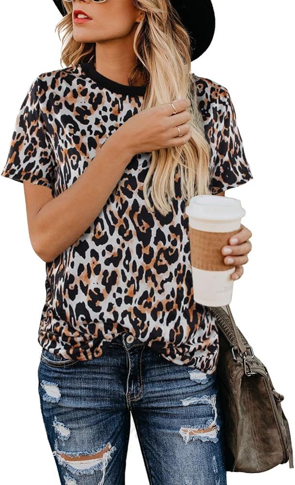 Women's Casual Cute Shirts Leopard Print Tops Basic Short Sleeve Soft Blouse | Amazon (US)
