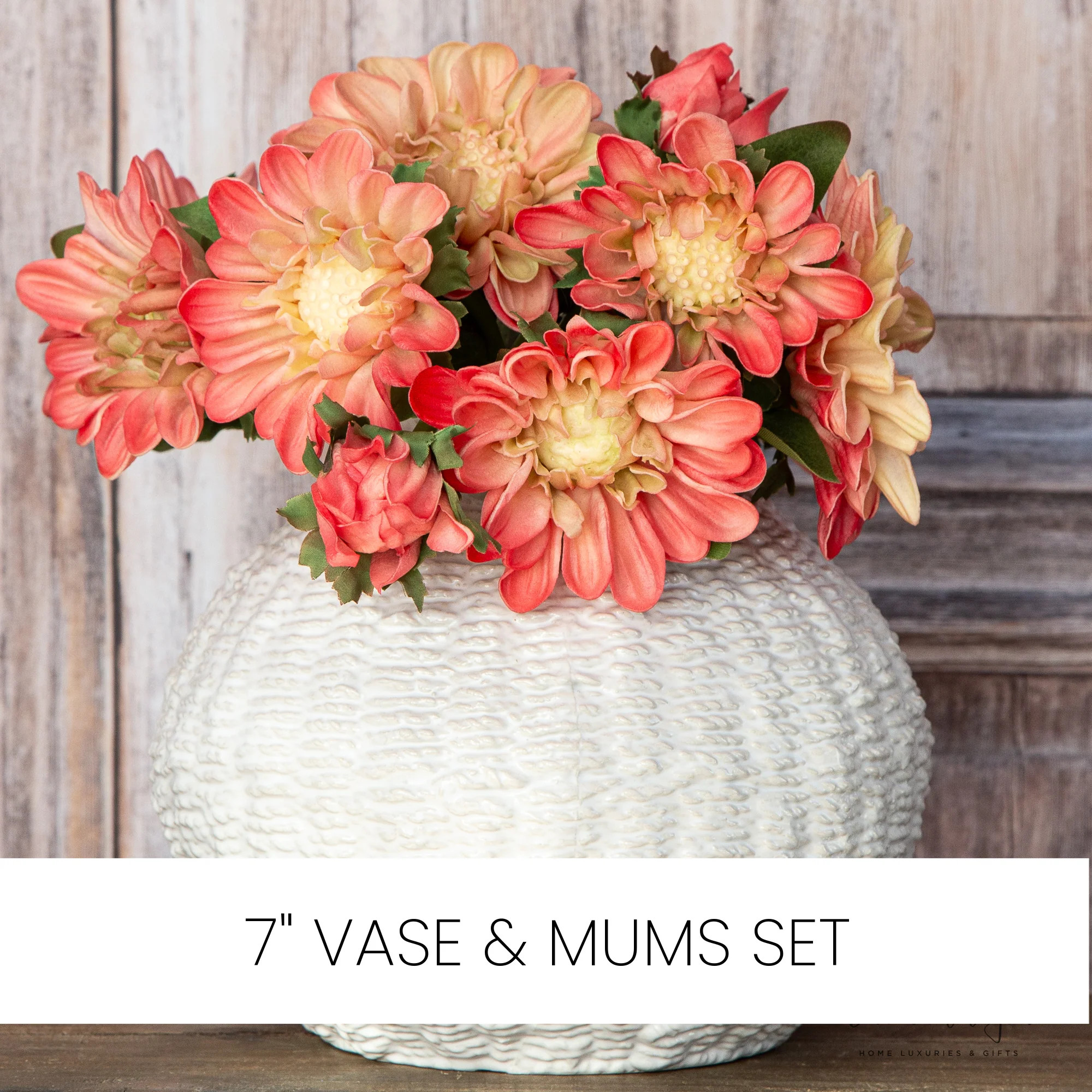 Curated Set: 7" Woven Vase + 3 Coral Mum Bundles | Interior Delights
