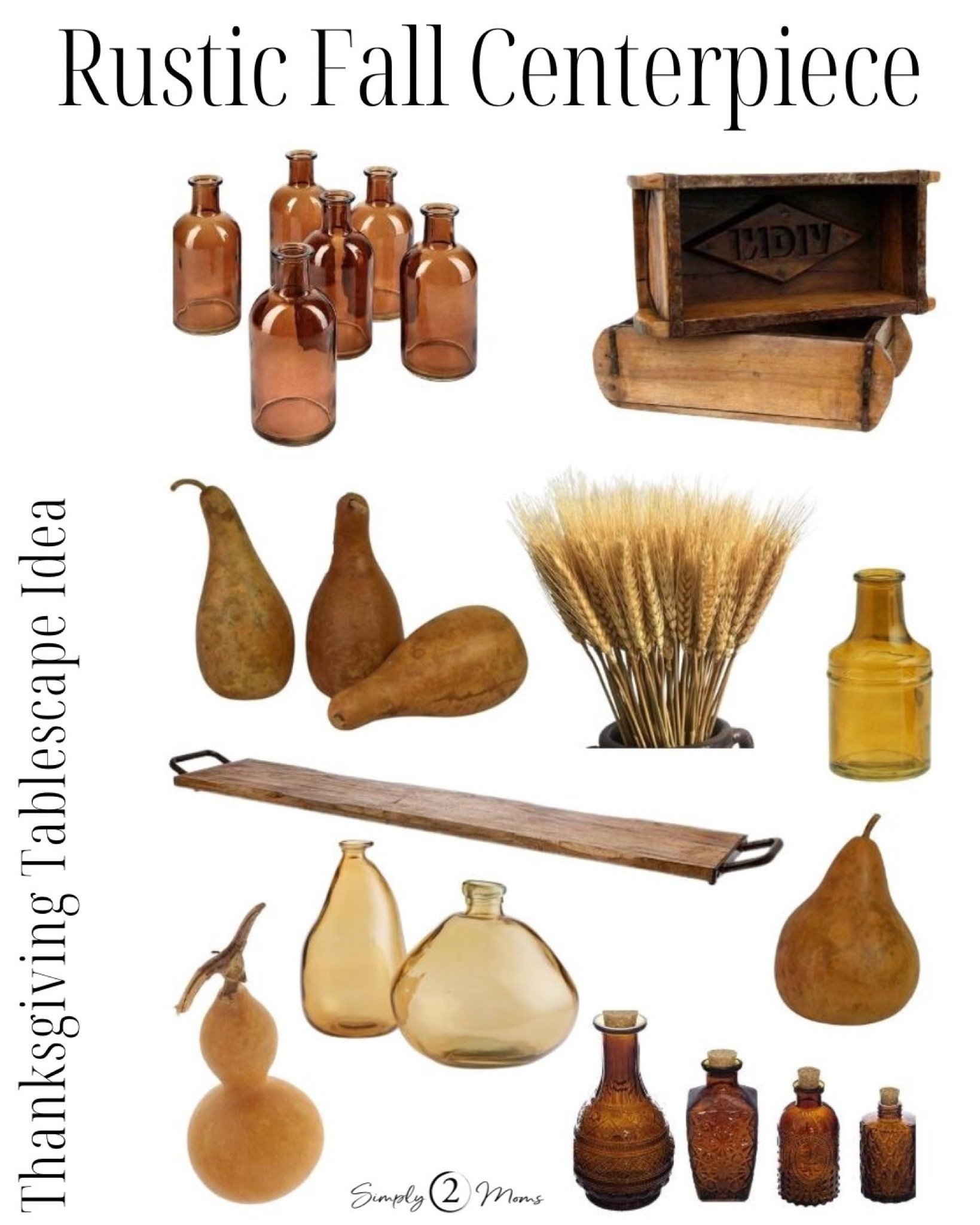 Create a simple rustic fall centerpiece with items shown in this collage. A long wood tray is the base for your tablescape design. Add vintage brick molds for varying height. Amber glass bottles and vases, dried wheat stems and fun shaped gourds complete your fall display. Check out the blog for details! #falltablescape #thanksgivingtable 

#LTKSeasonal #LTKHoliday #LTKhome