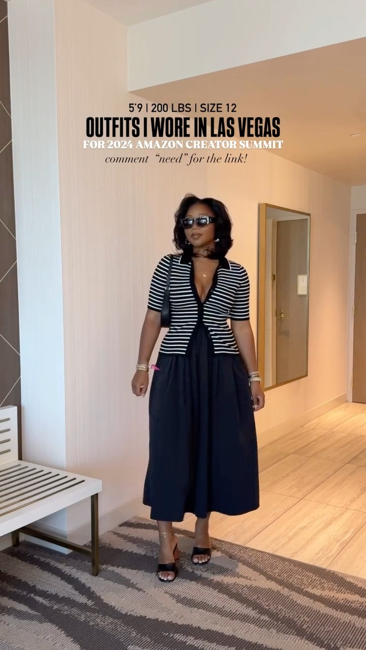 A black and white look book for a vegas trip! 😍✨ I am 5’9 | 200 lbs wearing — Large — in the black dress. Size 8 — white dress Size 10 — striped pants (35 inseam!!) Size medium — striped button down 

#LTKfindsunder100 #LTKstyletip