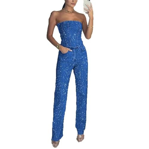 Women Diamond Denim Pant Set Backless Pocket Jeans Suit Shine Sets Slim Spring Summer Rhinestone Denim Pant Set (Dark Blue,M) | Amazon (US)