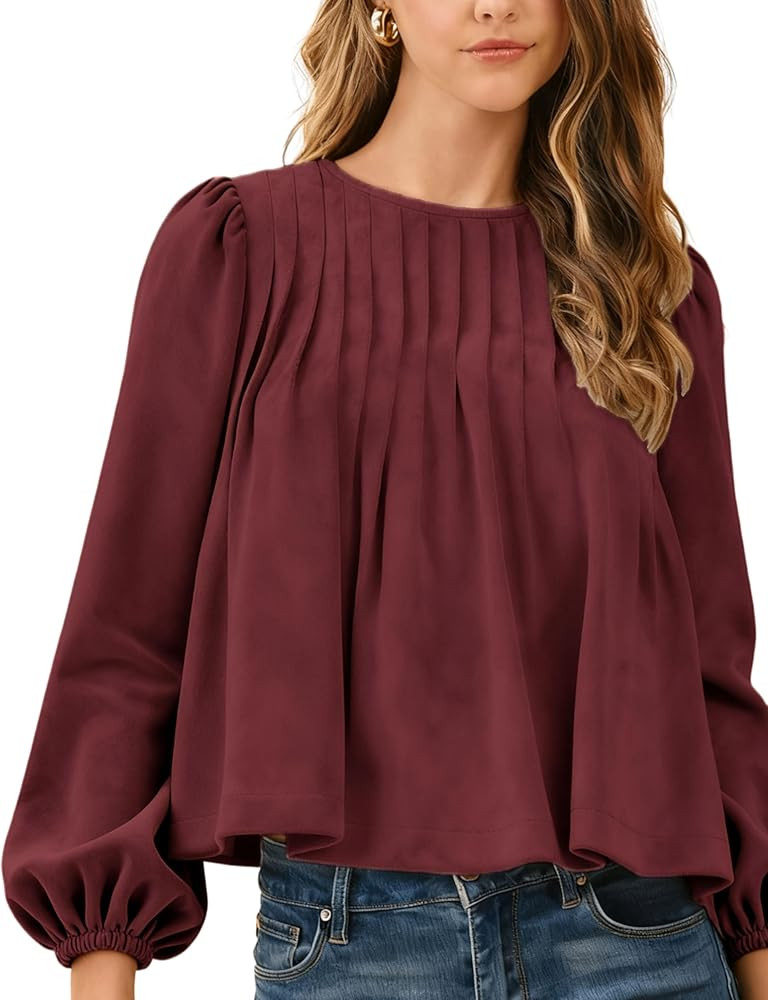 Gozoloma Women's Faux Suede Babydoll Top Long Sleeve Pleated Peplum Blouse Crewneck Loose Fit Shi... | Amazon (US)