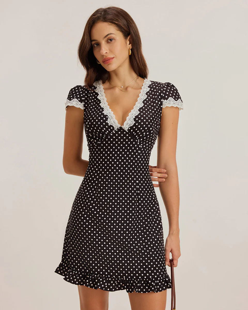 Black Polka Dot V-Neck Mini Dress | rihoas.com