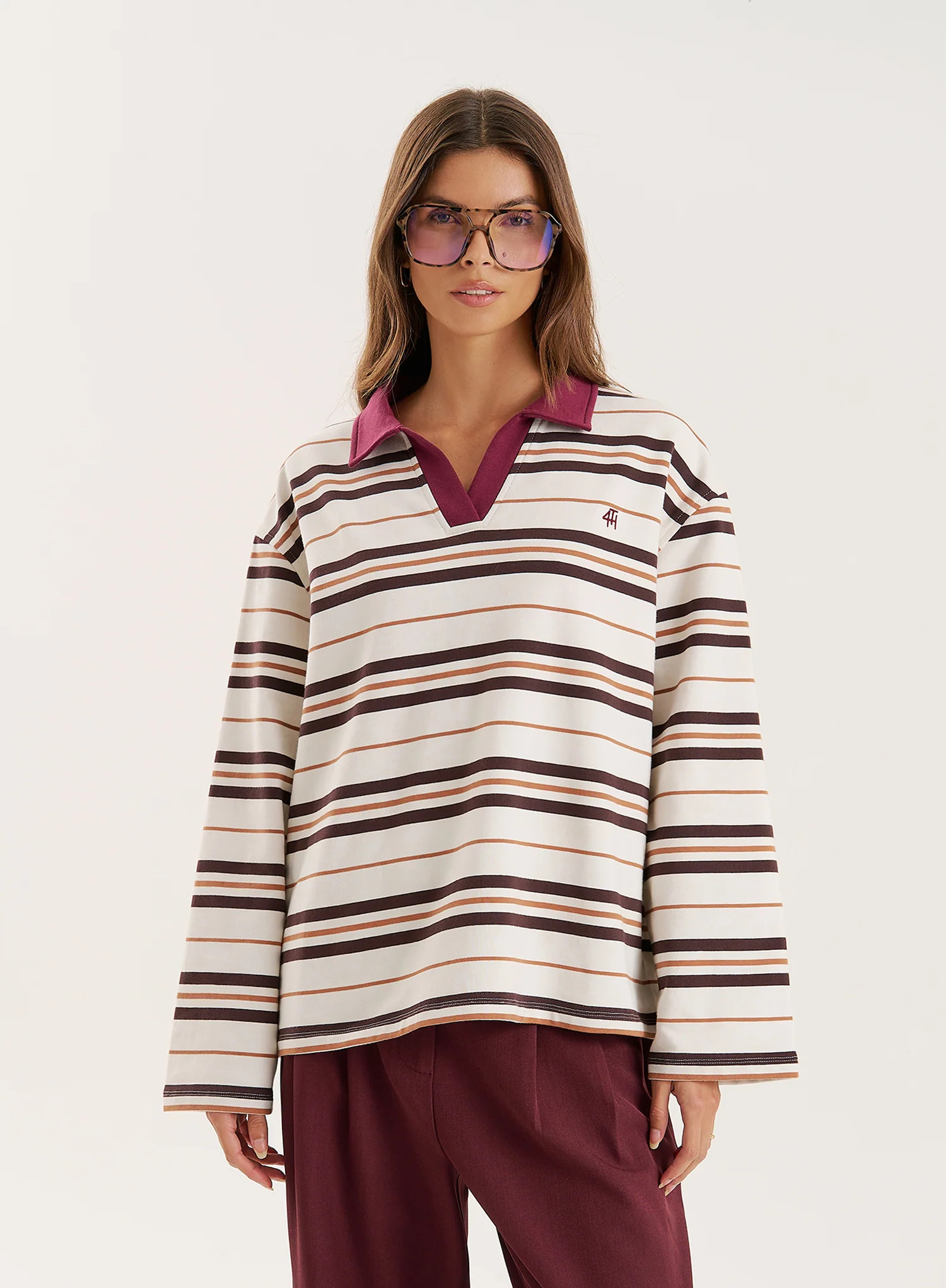 Cream And Chocolate Stripe Contrast Collar Rugby Top- Hailey | 4th & Reckless
