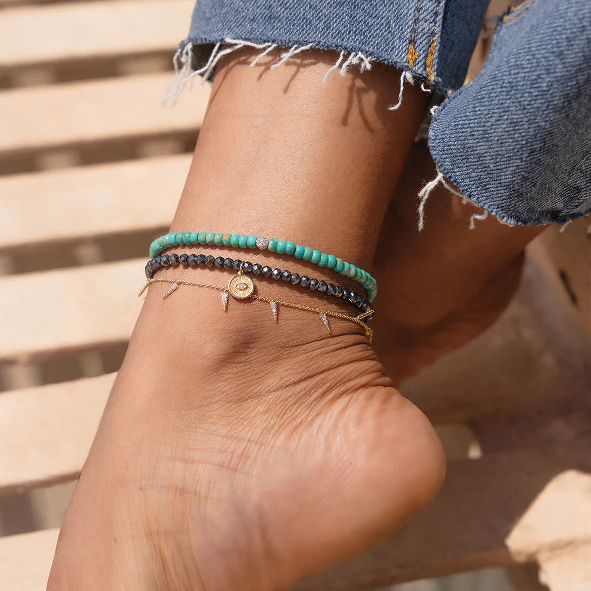 Gold & Diamond Ball on Natural Turquoise Anklet | Sydney Evan