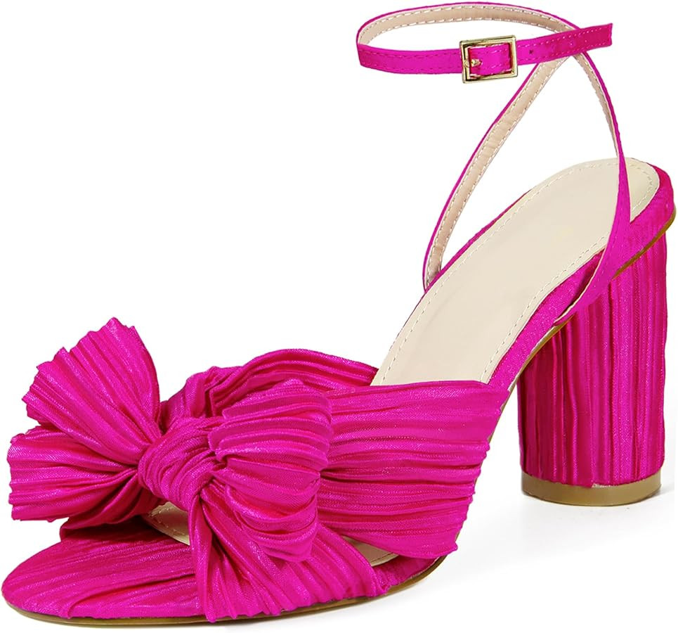 MUCCCUTE Women's Bow Knot Heeled Sandals Ankle Buckle Strap Chunky Heeled Open-toe Comfortable We... | Amazon (US)