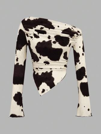 SHEIN ICON 1pc Western Wear Women Y2k Clothes Festival 90s Clothes Holiday Hippie Western Oblique Shoulder Long Sleeve Printed T-Shirt, Minimalist Fashion Casual Everyday Wear | SHEIN