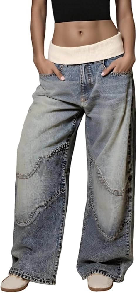 LETSVDO Women's Baggy Barrel Jeans Elastic High Waisted Wide Leg Cargo Y2k Patchwork Casual Stret... | Amazon (US)