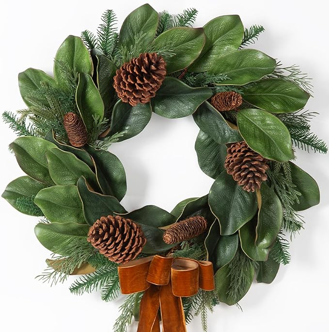 24" Artificial Christmas Wreath for Front Door, Holiday Winter Wreath with Magnolia Leaves, Pinec... | Amazon (US)