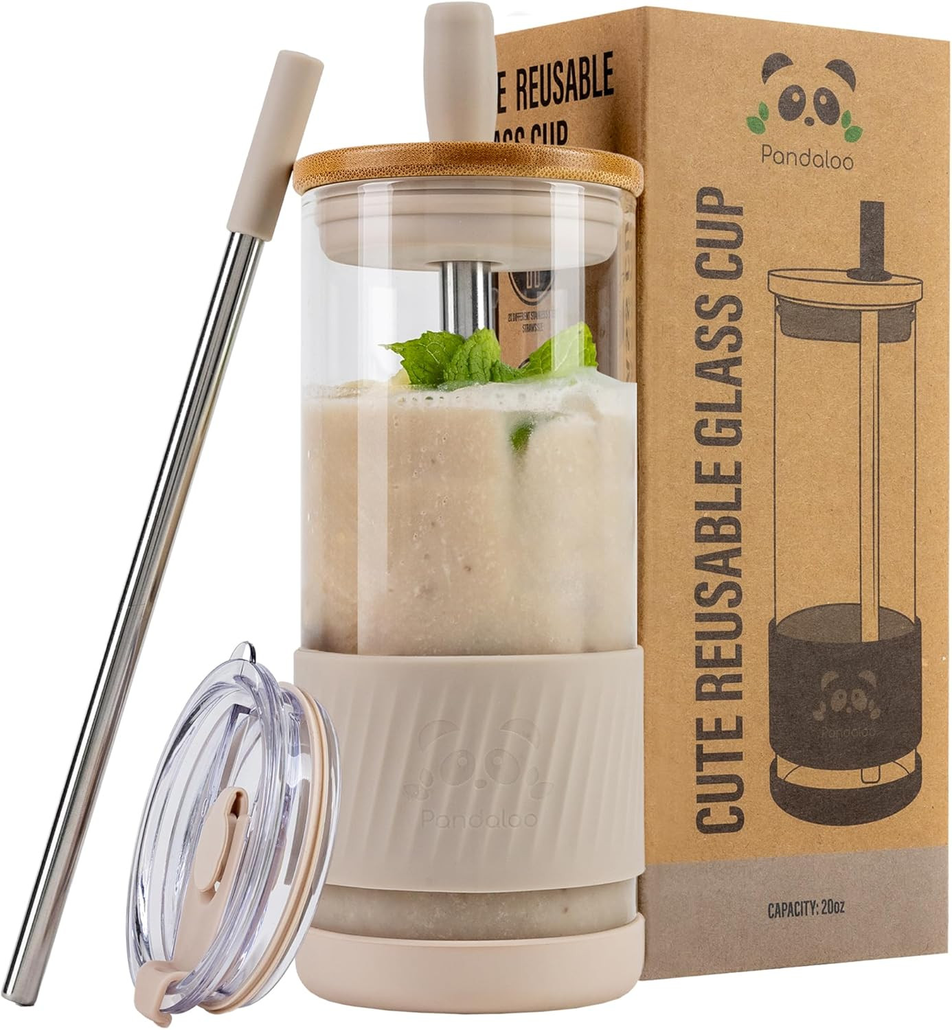 Pandaloo® Glass Cups With Lids and Straws -20 Fl Oz- Perfect Size Iced Coffee Cup - Smoothie Cup... | Amazon (US)