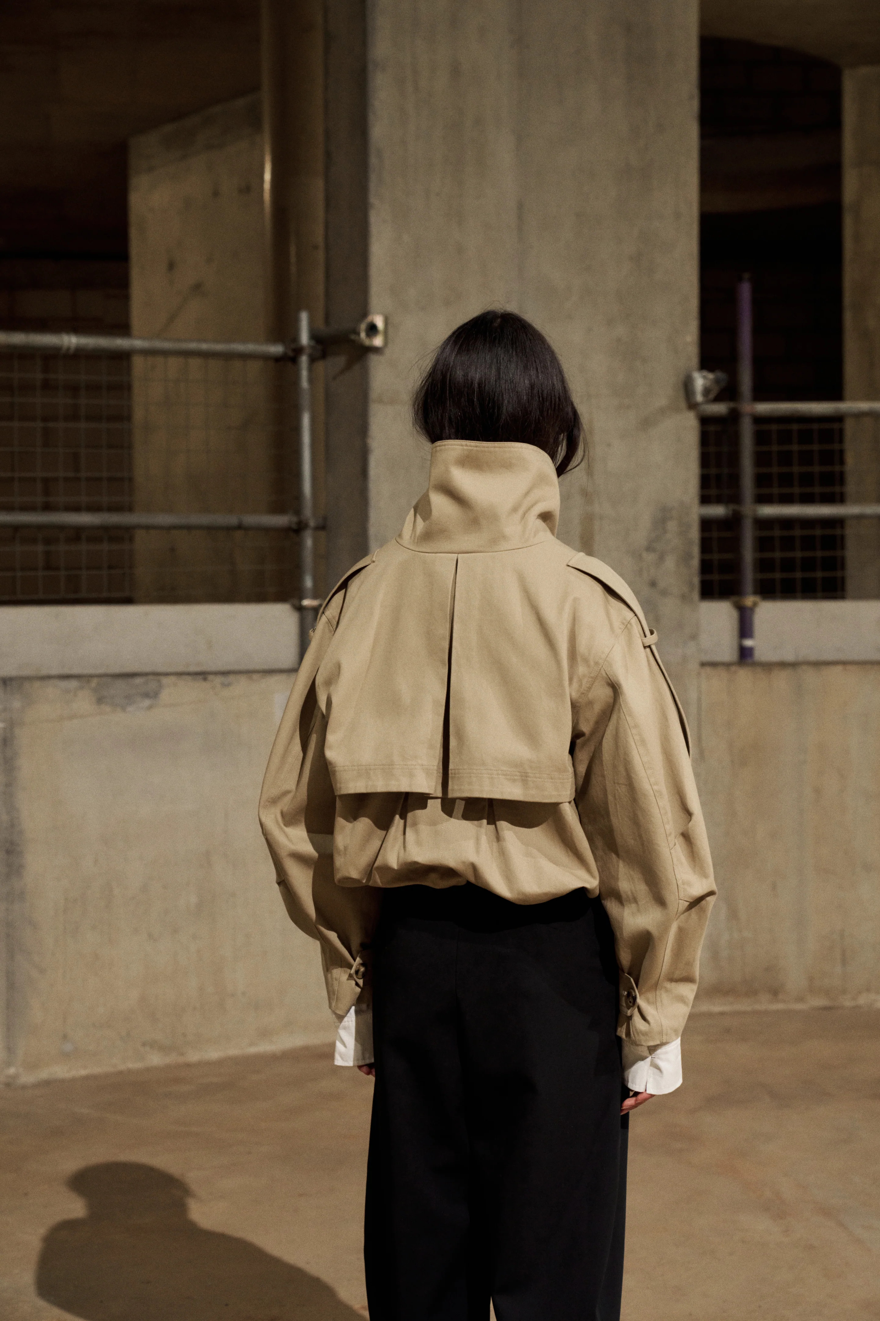 FUNNEL NECK BALLOON HEM SHORT TRENCH - BEIGE | The Couture Club