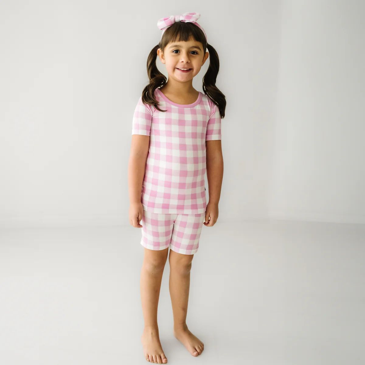 Pink Gingham Two-Piece Short Sleeve & Shorts Pajama Set | Little Sleepies