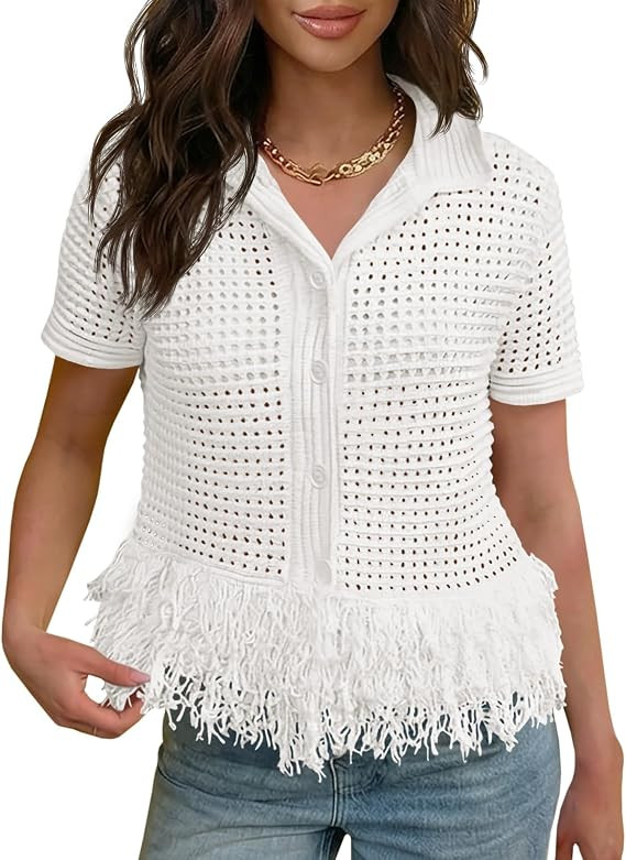 Fisoew Womens Crochet Cardigan Short Sleeve Fringe Collared Button Up Sweater Tops Boho 2026 Summ... | Amazon (US)