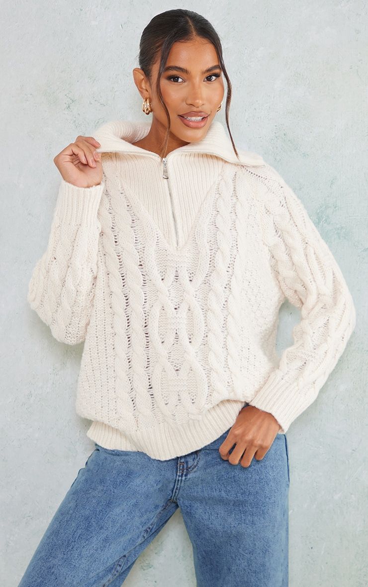 Cream Half Zip Cable Knitted Sweatshirt | PrettyLittleThing US