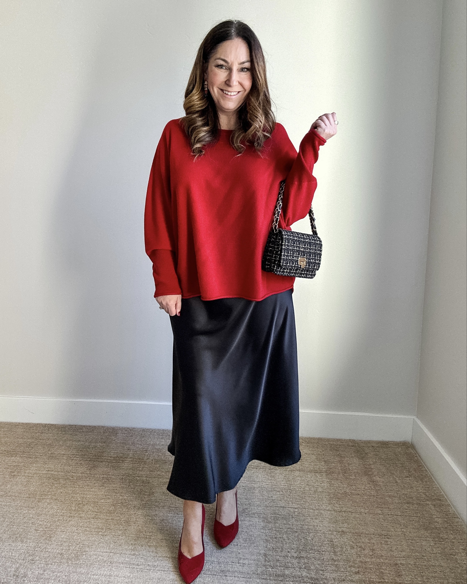 Holiday Dressy Red Silk Skirt Outfit | Wearing sweater, L/XL and skirt, XL 
#holidayfestive #festiveoutfit #winterworkwear 

 

#LTKHoliday #LTKSeasonal #LTKOver40