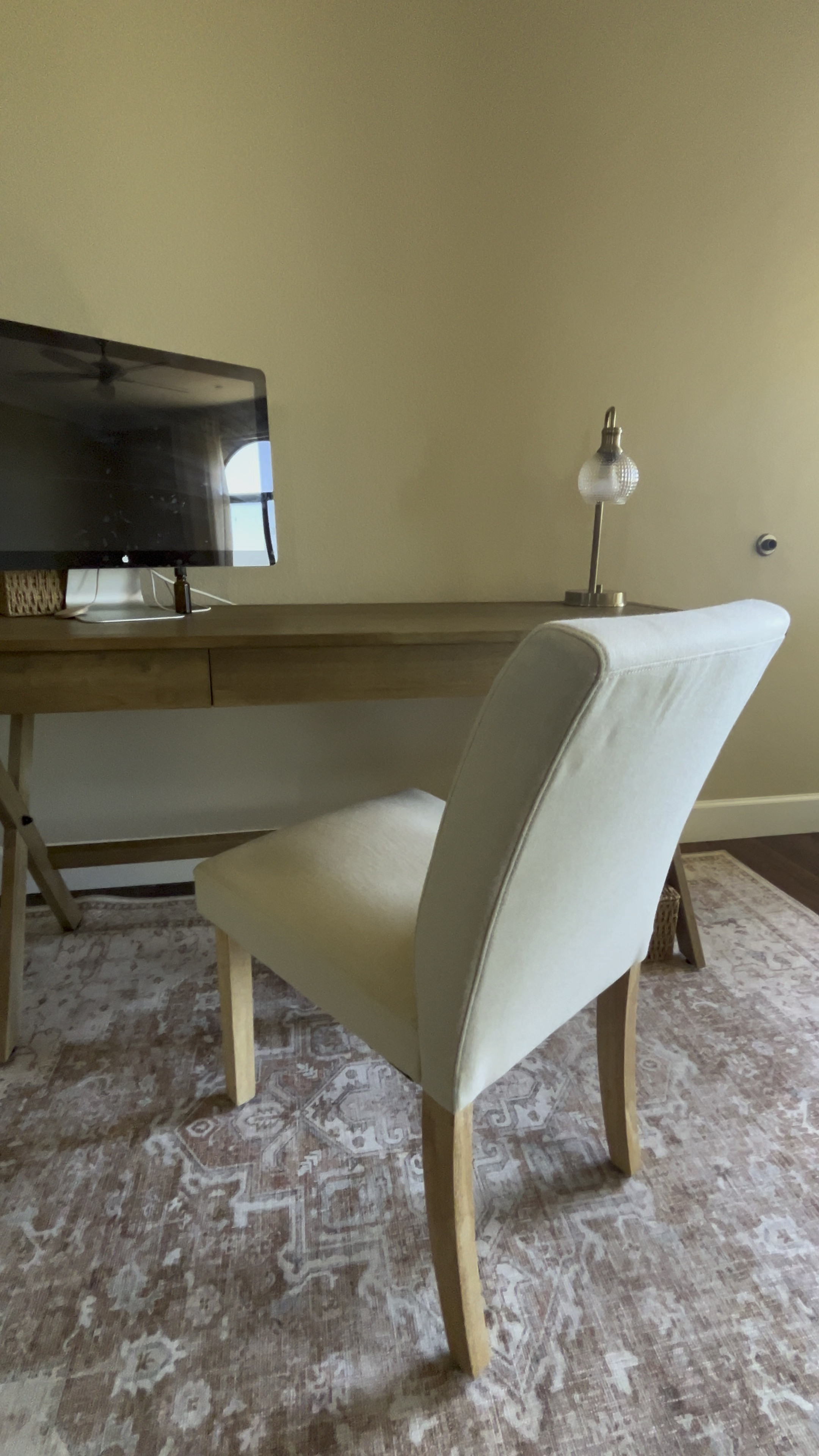 Desk: World Market
Lamp: Homegoods
Rug: Amazon
Chair: Target (Threshold Brand)
Original Chair: World Market


Desk chair, desk, office rug, office furniture, world market desk, Amazon home 