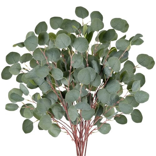 HIAGROW 6 Pcs Eucalyptus Leaf Stems, 35.43" Artificial Eucalyptus Branches, Green Silk Plants Silver Leaf Eucalyptus Plants for Home Fireplaces Weddings Vases Autumn Thanksgiving Decorations | Amazon (US)