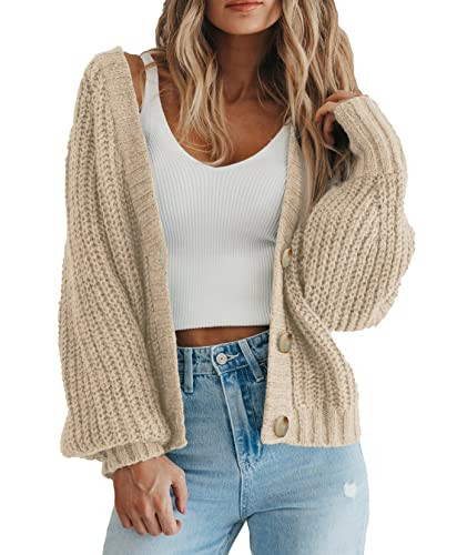 PRETTYGARDEN Women's Chunky Knit Open Front Sweater Long Sleeve Button Loose Short Cardigan Outerwear Coats (Apricot,Large) | Amazon (US)