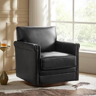 Shelbi Black 29.5 in. Mid-century Modern Genuine Leather Swivel Chair with Solid Wood Base | The Home Depot