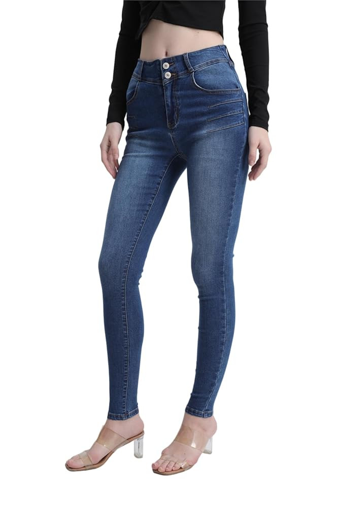 Women's Skinny Jeans High Waisted Stretch Blue Wash, Double Button Closure Denim Pants | Amazon (US)