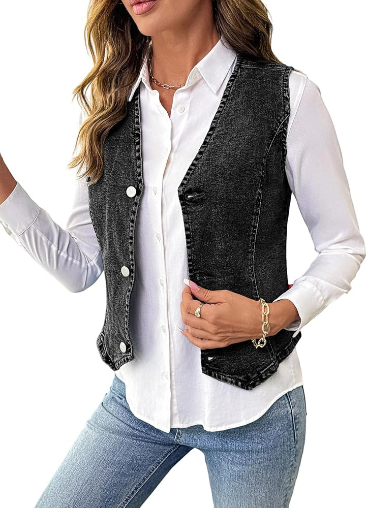 Sidefeel Women's Denim Vest Sleeveless V Neck Zimbaplatinum Jean Vest Top Button Down Crop Waistc... | Amazon (US)
