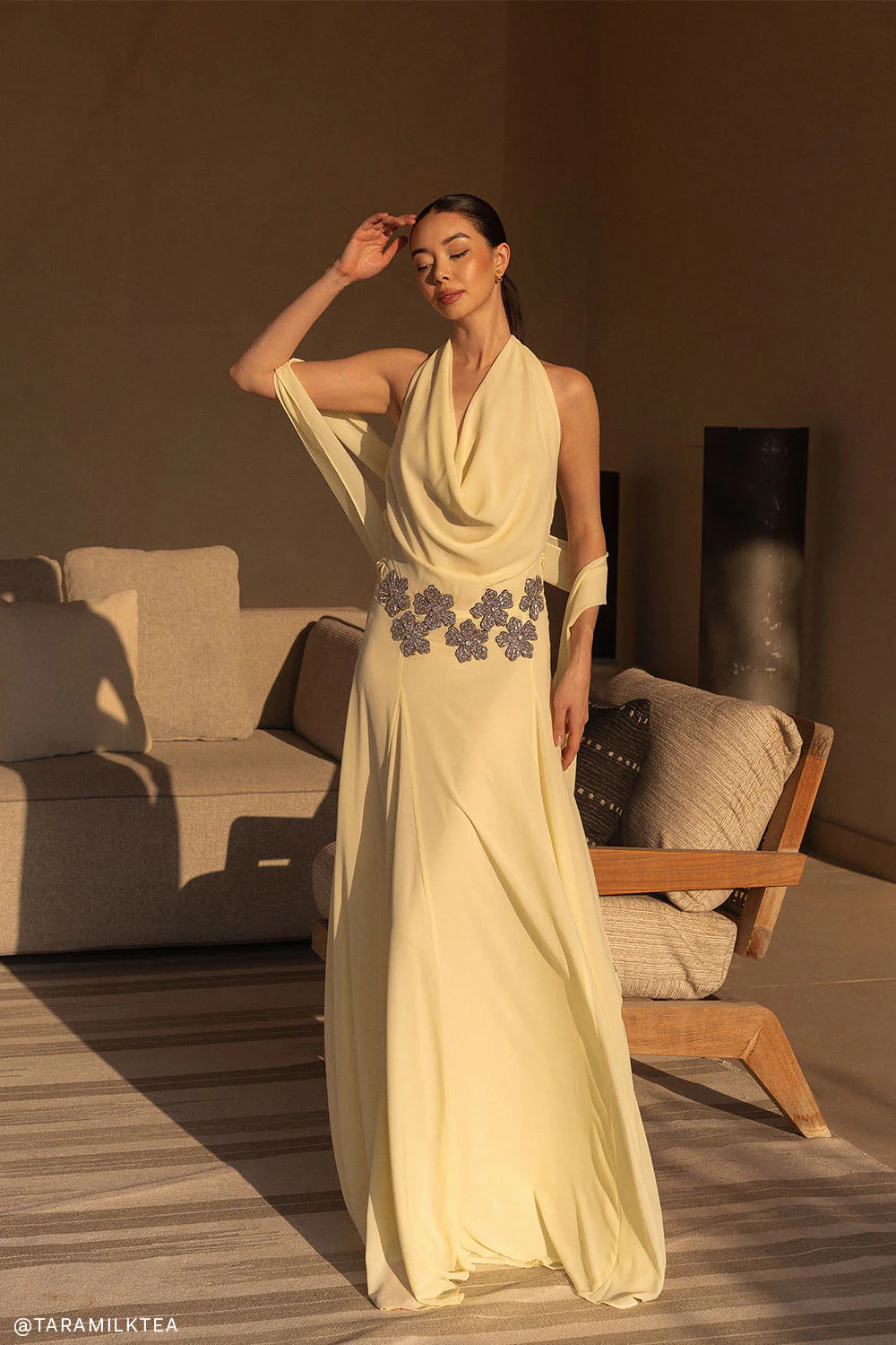 Floral Chiffon Halter Maxi Dress - Lemon | MESHKI US