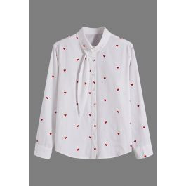 Romantic Red Heart Ribbon Trim Button Down Shirt for Date Nights & Weekend Brunch | Chicwish