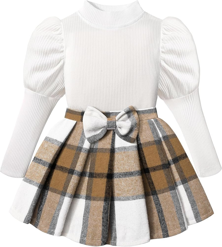 Girls Clothes Skirt Set Cute Puff Sleeve Top + Bow Plaid Pleated Skirt 2PCS Fall Winter Outfits T... | Amazon (US)