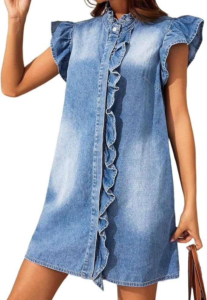 LifeShe Denim Dress for Women Button Down Shirt Dress Ruffle Sleeve Casual Blue Jean Short Mini D... | Amazon (US)