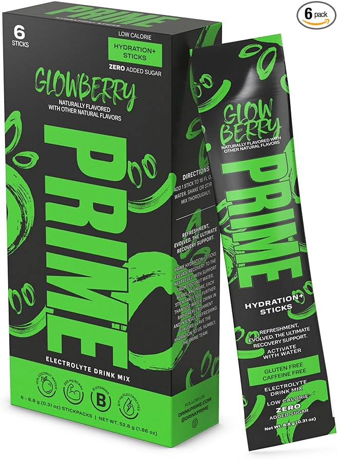 Prime Hydration+ Stick Pack | GLOWBERRY | 6 Sticks | Electrolyte Drink Mix | 10% Coconut Water | ... | Amazon (US)