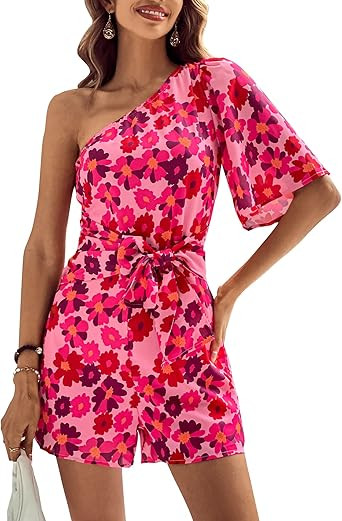BTFBM Women's 2024 Summer One Shoulder Romper Short Sleeve Boho Floral Print Tie Waist Party Beac... | Amazon (US)
