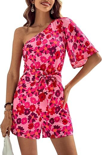 BTFBM Women's 2024 Summer One Shoulder Romper Short Sleeve Boho Floral Print Tie Waist Party Beac... | Amazon (US)