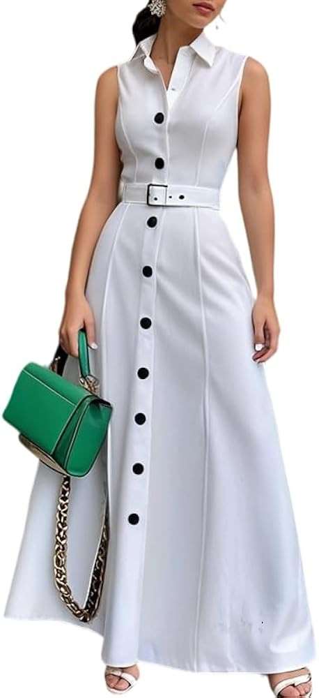 UOOZEE Women's Summer Sleeveless Maxi Dress Collared V Neck Button Down Elegant Belted Shirt Dres... | Amazon (US)