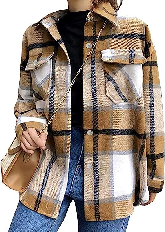 Tanming Womens Brushed Flannel Plaid Lapel Button Short Pocketed Shacket Shirts Coats | Amazon (US)