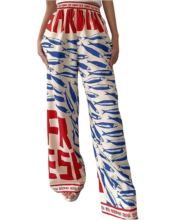 MakeMeChic Women's Boho Fish Print Wide Leg Pants Elastic Waist Loose Fit Trousers with Pockets | Amazon (US)