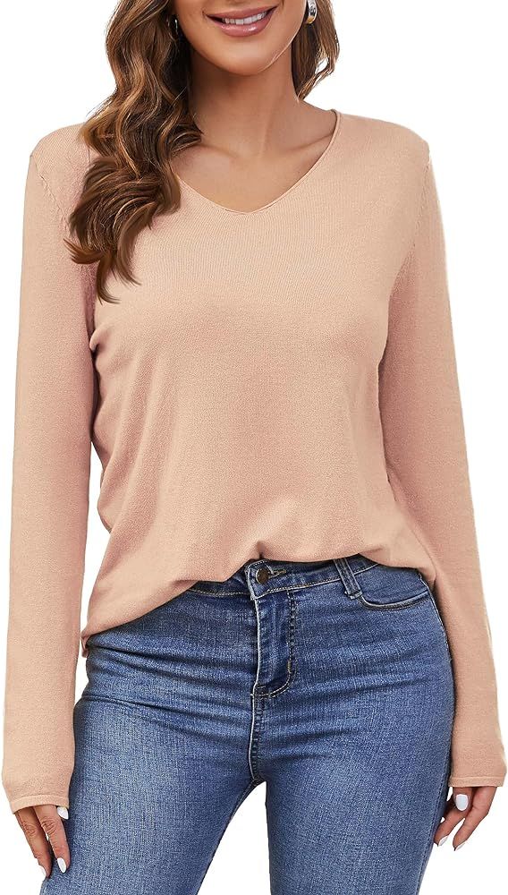 Women's V Neck Pullover Sweater Long Sleeve Soft Knit Lightweight Sweater Tops | Amazon (US)