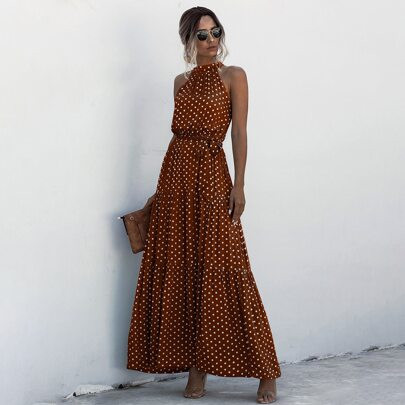 Polka Dot Print Ruffle Hem Belted Halter Dress Maxi Women Outfit | SHEIN