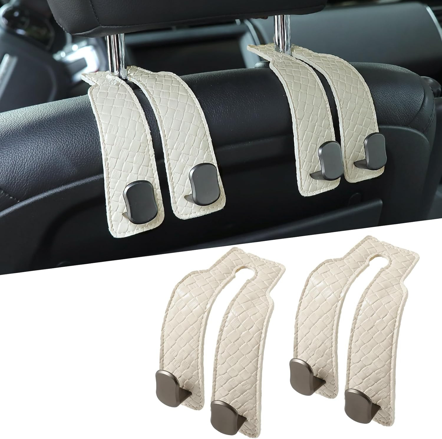 KINIVA Car Seat Headrest Storage Hooks, Set of 2, Suede PU Leather, Double Hooks (07-White) | Amazon (US)