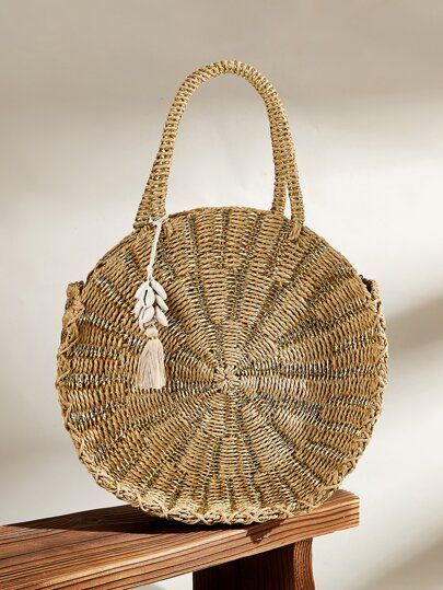 Tassel & Shell Charm Round Braided Satchel Bag | SHEIN